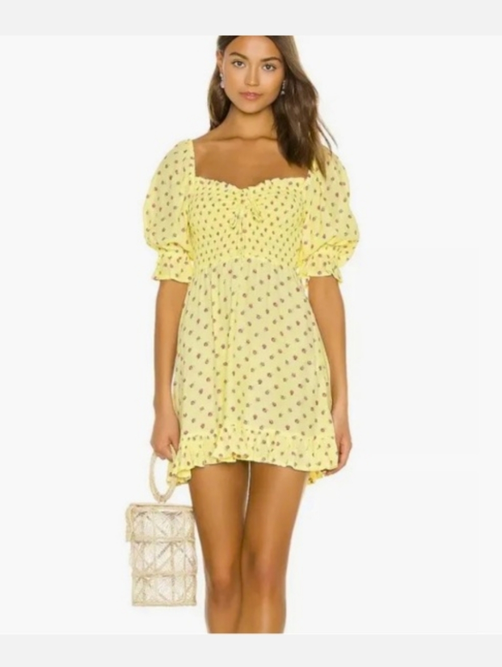 Faithfull The Brand Yellow Floral Sage Smocked Mini Dress Sz8 Cottagecore Summer